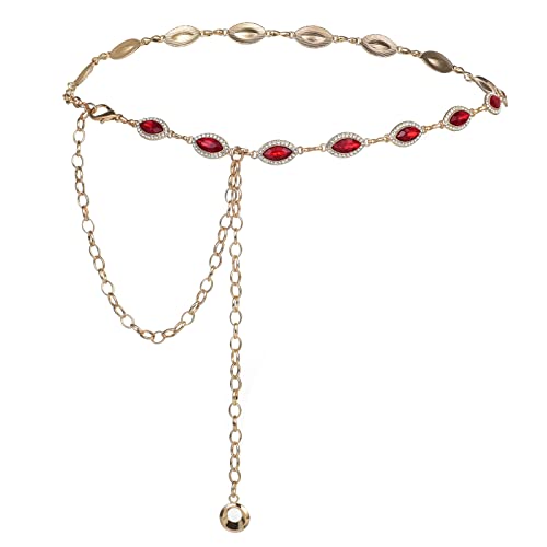 ILuvatar Green Glass Diamond Chain Belt - Metal Women's Western Style Dress Belt - color: Gold-red