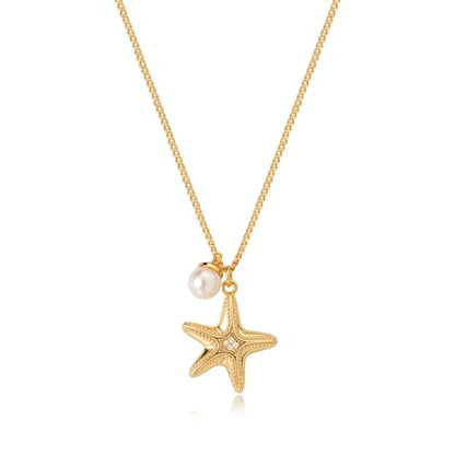 MTMY Gold Starfish Necklace 14K Gold Plated Shell Conch Ocean Pendant Necklace for Women Beach Summer Jewelry - style: starfish pearl