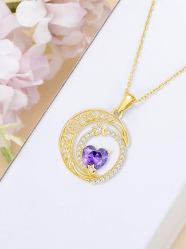 Midari 18K Yellow Gold Sun Moon Star Pendant Rose Flower Necklaces I Love You Forever Sun Moon Jewelry Gift for Mother Women - color: 02-Feb-Amethyst, style: Moon&Star
