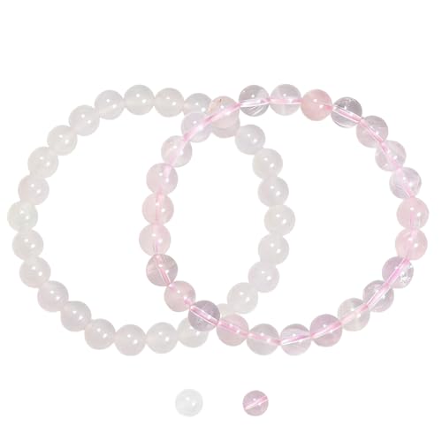 2PCS Agate Bracelet for Women Men Natural Round Beaded Agates Stone Healing Stretch Bracelets Elastic Handmade Polished Gemstone Beads Bracelet - color: White+Pink Quartz, size: 8mm Beads