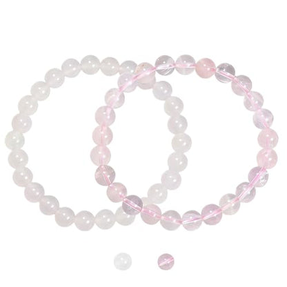 2PCS Agate Bracelet for Women Men Natural Round Beaded Agates Stone Healing Stretch Bracelets Elastic Handmade Polished Gemstone Beads Bracelet - color: White+Pink Quartz, size: 8mm Beads