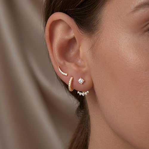 Gelbesty Gold Stud Earrings Set for Women, 3 Pairs Huggie Hoop Jacket Studs Earring Stacks - color: Gold
