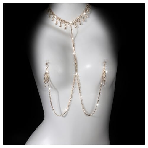 Rhinestone Tassel Choker Necklace Sexy Non Piercing Nipple Jewelry Summer Beach Chest Body Chain Crystal Nipple Body Accessories Jewelry for Women - color: Gold