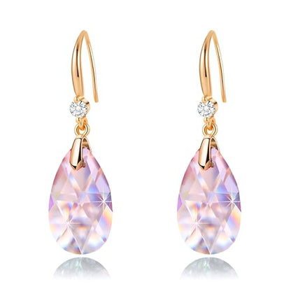 Austrian Crystal Teardrop Dangle Drop Earrings for Women 14K Gold Plated Hook Earring Hypoallergenic Jewelry Gifts for Women Girls - color: Pink