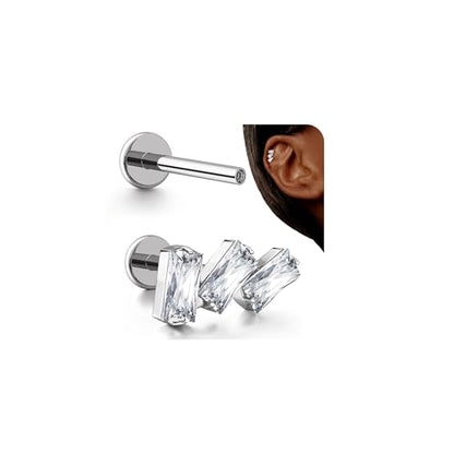 G23 Titanium 16G Tragus Conch Piercing Jewelry Flat Back Stud Earrings | Hypoallergenic CZ Nose Dangle Helix Medusa Lip Labret Body Piercing Jewelry, 14K Gold Plated, Silver, 6 and 8 mm Post Length - color: Trinity Sparkle-Titanium