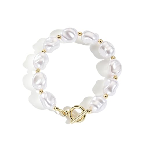 Baroque Pearl Bracelet for Women Elegant Gold Plated Irregular Chunky Pearls Bracelets Summer Starfish Seashell Conch Cuff Bracelets Jewelry for Vacation - color: white gold