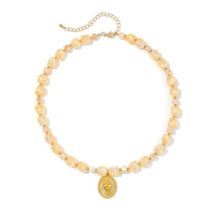 Chunky Beaded Necklaces for Women Trendy Colorful Acrylic Bead Statement Necklace Puffy Heart Pendent Necklaces for Women Boho Fashion Jewelry - color: K-crystal yellow