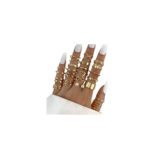 INENIMARTJ Boho Rings for Women Teen Girls,Gold Stacking Rings Set Vintage Knuckle Stackable Moon Star Snake Butterfly Heart Flower Leaf Top Finger Rings - color: gold-23pcs
