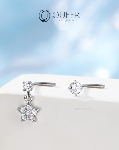 OUFER 2PCS Stainless Steel Nose Rings, Moon Star Butterfly Design 20G Nostril Dangle Piercing Jewelry - 7MM - style: Flower