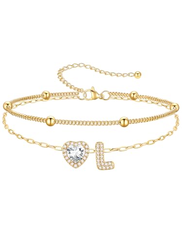 PROSTEEL Initial Ankle Bracelets for Women Waterproof, A-Z Gold/Silver Layered Anklets Adjustable, Summer Beach Gift Jewelry - color: Gold, size: L