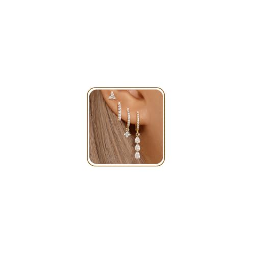 QUINBY Dangle Earrings For Women, Dainty 14K Gold Plated Earrings Stack, 4Pairs Hypoallergenic Earring Sets For Multiple Piercing - Hypoallergenic CZ Dangle Drop Earrings - color: Golden