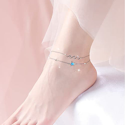 Flyow Anklet for Women S925 Sterling Silver Adjustable Foot Beaded Heart Charm Ankle Bracelet Anklets Jewelry - style: opal turtle