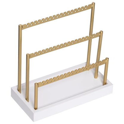 SANY DAYO HOME 3-Tier Earring Holder Organizer Stand, 105 Holes Gold Metal Earring Rack Jewelry Display Tree with White Wood Tray for Women and Girls - color: Gold Rack White Base