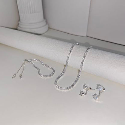 Luxval Tennis Necklace 14K Gold Plated Rhinestone Butterfly Choker Necklaces for women Dainty Zirconia Cut Faux Diamond chain 3mm - color: Silver-2CZ tennis set