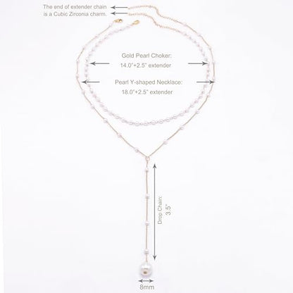 Layered Pearl Necklaces for Women 14K Gold Plated Trendy Faux Pearl Drop Y Necklace Dainty Pearl Choker Gold Layering Necklace,Jewelry Gift for Her,Mother,Wife,Girlfriend - style: Pearl Y Necklace