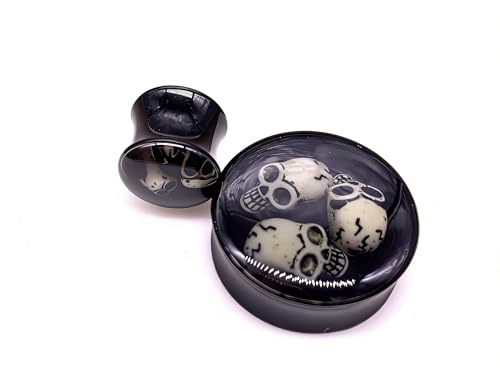 KUNIU Skull Black Acrylic Ear Plugs Gauges, Gothic Punk Style, Double Flared Screw-Fit Tunnels, 16 Gauge, Round Shape, Unisex Body Piercing Jewelry - size: 12mm