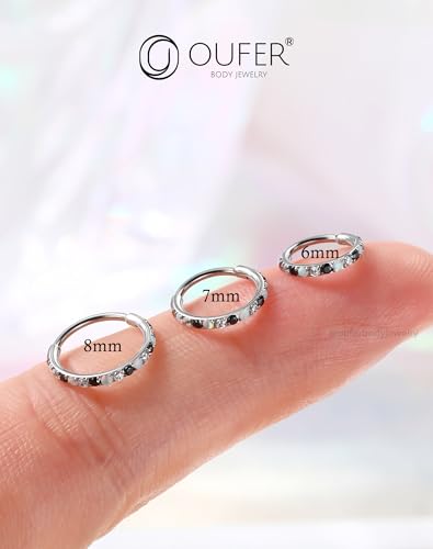 OUFER Opal and CZ 20G Nose Rings Hoops, 316L Surgical Steel Hinged Segment Nose Piercing Jewelry, Septum Lip Eyebrow Rings Cartilage Conch Rook Helix Tragus Daith Earrings For Women and Men-6/7/8MM - color: Black CZ