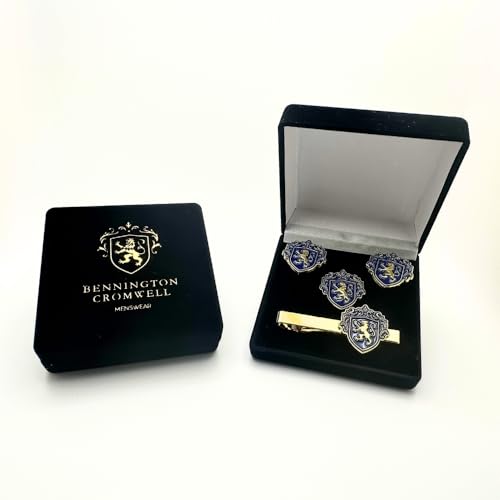 Men’s Cufflinks, Tie Bar, and Tie Pin Set – Royal Blue on Gold with Raised Lion Crest, Gift-Boxed for Business and Formal Occasions - color: Royal Blue on Gold