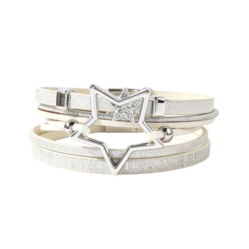 Leather Wrap Bracelets for Women Boho Layered Cuff Bracelets Bling Bohemian Jewelry - color: White