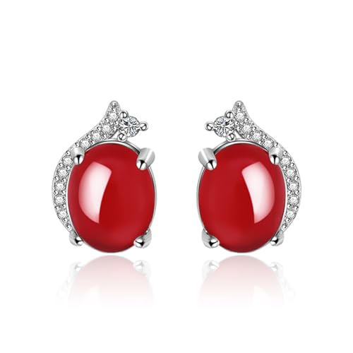 Jade Oval Stud Earrings for Women Good Luck Handmade Earrings Dainty Green Birthstone Crystal Earrings Unique Minimalism Jewelry Gift for Birthday Anniversary - color: Red