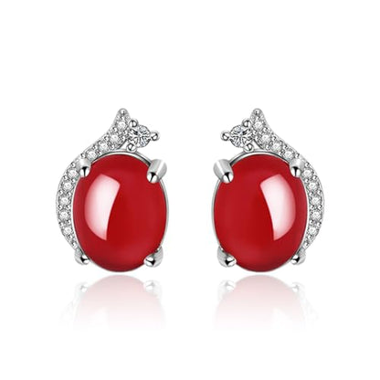 Jade Oval Stud Earrings for Women Good Luck Handmade Earrings Dainty Green Birthstone Crystal Earrings Unique Minimalism Jewelry Gift for Birthday Anniversary - color: Red