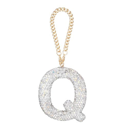 MECCANIXITY Bling Car Letter Charm, Initial Q Letter Interior Car Rear View Mirror Decoration Hanging Crystal Ornaments for Women Bags Water Cup DIY Craft, Silver - style: Letter Q
