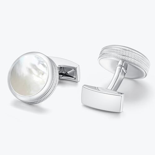 Mr.Van Men's Round Cufflinks, Classic Rhodium Plated Brass Cuff Links for Dress Shirt, Wedding, Business, Formal Occasions - color: Mother of Pearl