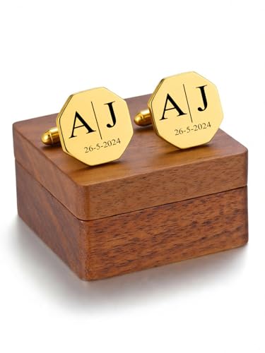 PiercingJ Custom Cufflinks for Men, Personalized Monogram Cufflinks for Groomsmen, Personalized Initial Cuff Links Wedding Gifts for Groom, Groomsmen, Father of Bride, Best Men Husband Dad - color: gold