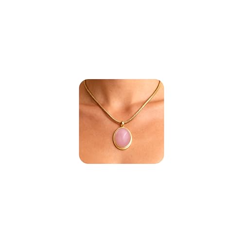 Sonateomber Gold Stone Pendant Necklace for Women, Chunky Statement Dainty Heart Oval Natural Gemstone Dangle Necklaces Wedding Prom Accessories Fashion Jewelry Gift - color: Pink Rose Quartz