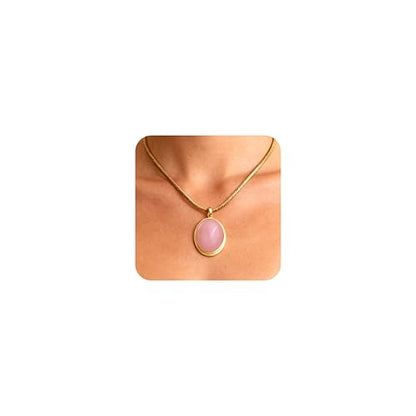Sonateomber Gold Stone Pendant Necklace for Women, Chunky Statement Dainty Heart Oval Natural Gemstone Dangle Necklaces Wedding Prom Accessories Fashion Jewelry Gift - color: Pink Rose Quartz
