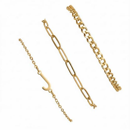 3PCS Gold Bracelet Set for Women, 14K Gold Plated Initial Letter Jewelry, Layered Paperclip and Cuban Chain Stack, Adjustable Stainless Steel Gift - style: Initial-J