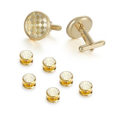 wynameleri Mens Tuxedo Shirt Button and Cuff Links Set, Classic Shirts Cufflink Studs, Formal Business Wedding Jewelry - color: Checkered-Gold