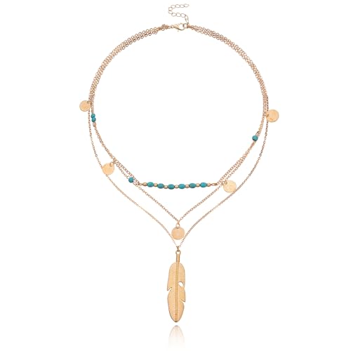 Gold Layered Necklace for Women Summer Boho Layered Stacked Pendant Necklace Country Concert Necklace Turquoise Coin Long Necklace - color: C