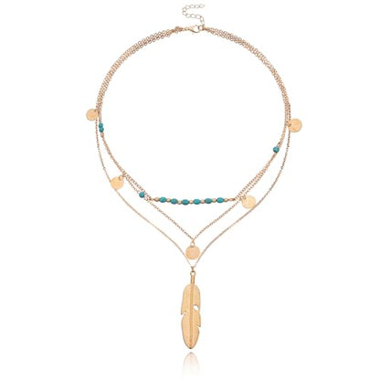 Gold Layered Necklace for Women Summer Boho Layered Stacked Pendant Necklace Country Concert Necklace Turquoise Coin Long Necklace - color: C