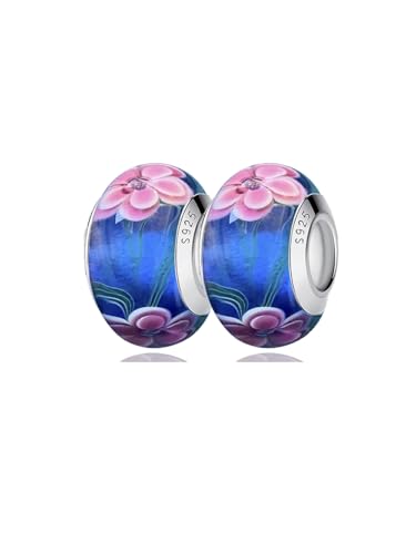 2pcs Authentic 925 Silver Murano Glass Flower Charms for Pandora Bracelets - color: 02-Pink flowers