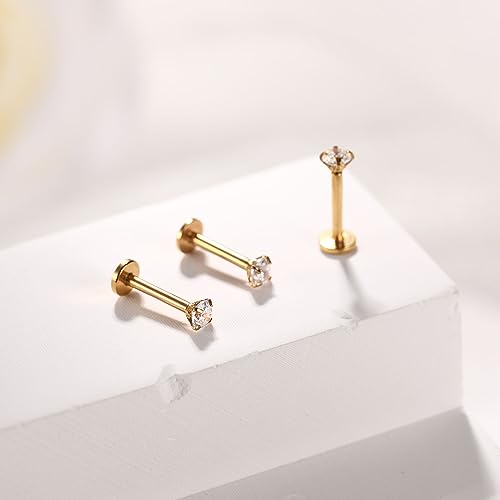 GAGABODY G23 Titanium 16G 6/8/10mm Clear CZ/Opal Internally Threaded Labret Monroe Lip Studs 6mm Helix Cartilage Tragus Earring Piercing - color: 16G-3Pcs-Gold-Length:6mm CZ:2mm