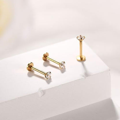 GAGABODY G23 Titanium 16G 6/8/10mm Clear CZ/Opal Internally Threaded Labret Monroe Lip Studs 6mm Helix Cartilage Tragus Earring Piercing - color: 16G-3Pcs-Gold-Length:6mm CZ:2mm