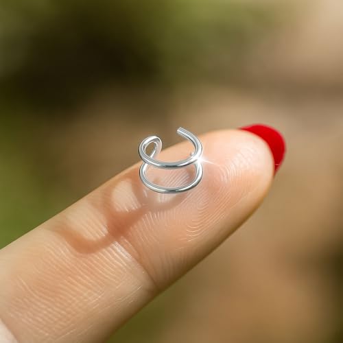 Fake Double Hoop Helix Piercing Ear Cuff - 14K Gold Filled, 925 Sterling Silver, Black Silver Ear Cuffs - Faux Helix Hoop Earring - Clip On Fake Piercing Jewelry - Ear Cuffs Non Piercing - color: 925 Silver