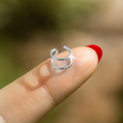 Fake Double Hoop Helix Piercing Ear Cuff - 14K Gold Filled, 925 Sterling Silver, Black Silver Ear Cuffs - Faux Helix Hoop Earring - Clip On Fake Piercing Jewelry - Ear Cuffs Non Piercing - color: 925 Silver
