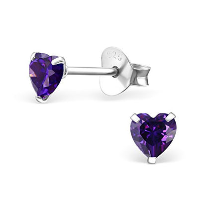 925 Sterling Silver 4mm Heart Birthstone CZ Stud Earrings 33210 (Choose Your Color) (Nickel Free) - color: Amethyst