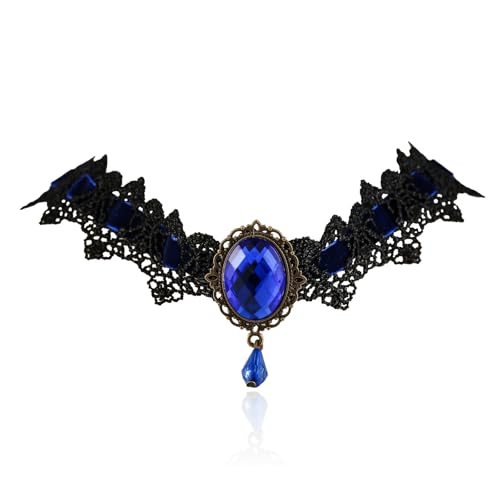 Gothic Lace Choker Necklace for Women Vintage Velvet Gemstone Clavicle Chain Punk Style Hollowed Out Lace Necklaces Halloween Vampire Party Jewelry - color: Deep Blue