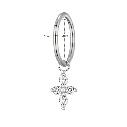 Ourania 16G Gold Stainless Steel Zircon Dangle Huggie Hoop Rook Piercing Helix Hoop Earring Tragus Hoop Cartilage Piercing for Women - color: Flower Silver 2PCS, size: 1.2*10mm 2pcs