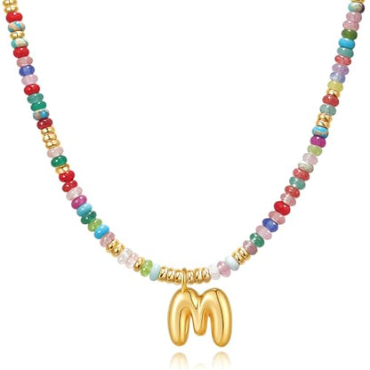 YOUFENG Initial Letter Necklaces for Women Colorful Beaded Gemstone Choker 14K Gold Plated Bubble Letter Pendant Necklace Natural Stone Handmade Jewelry Gift - color: M