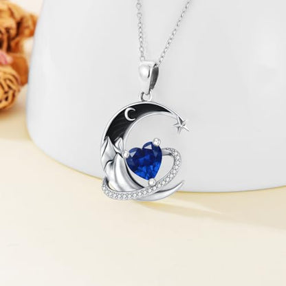 I Love You to the Moon and Back Necklace 925 Sterling Silver Black Crescent Moon Star Pendant with Heart Birthstone Necklace Anniversary Gothic Jewelry Gifts for Women Wife Lovers - color: 09-Sep-Sapphire