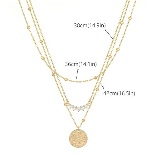 3Pcs Set Gold/Silver Layered Necklaces 14K Gold Plated Dainty Coin Pendant Beaded Paperclip CZ Chain for Women Hypoallergenic Stackable Choker Necklace Set Gifts - color: Gold 3 Pcs Coin CZ