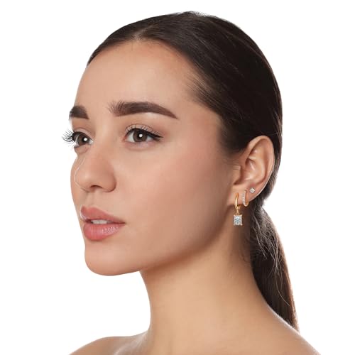 Surgical Steel Small Stud Clover Drop Dangle Huggie Hoop CZ Stud Earrings - color: C-14K Gold Plated R