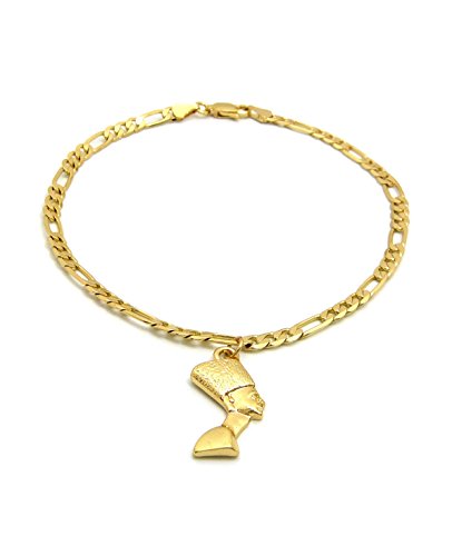 Fashion 21 Women's Cross, Ankh, Queen Nefertiti Piece 10 inches Figaro Chain Anklet Foot Bracelet in Gold Tone - style: Side Face Nefertiti / Figaro