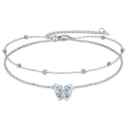 POPLYKE 925 Sterling Silver Double Layered Chain Evil Eye Daisy Sunflower Butterfly Anklets for Women Holiday Beach Crystal Ankle Bracelet Dainty Evil Eye Jewelry - style: Crystal Butterfly Anklet
