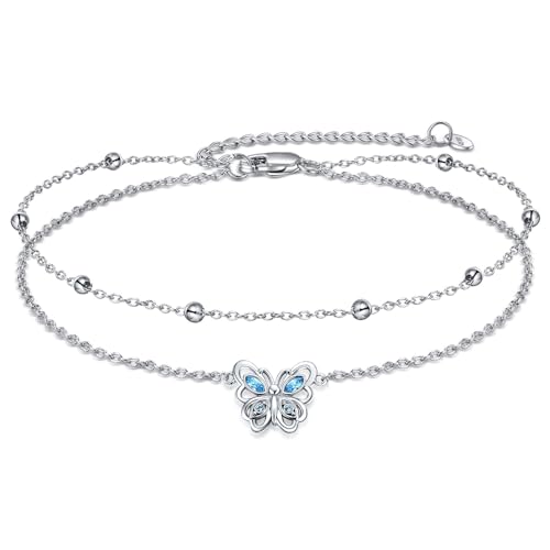 POPLYKE 925 Sterling Silver Double Layered Chain Evil Eye Daisy Sunflower Butterfly Anklets for Women Holiday Beach Crystal Ankle Bracelet Dainty Evil Eye Jewelry - style: Crystal Butterfly Anklet