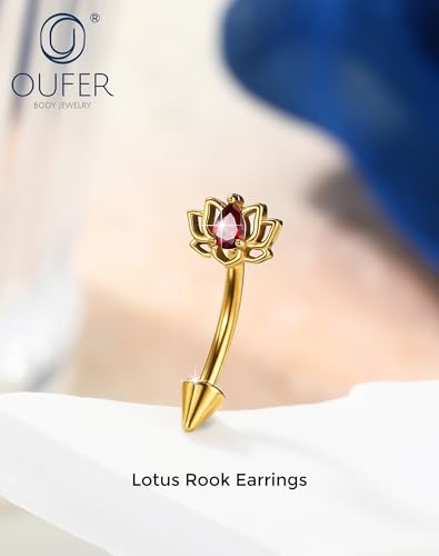 OUFER 16G Rook Piercing Jewelry, Lotus Eyebrow Earrings, 316L Surgical Steel Rook Earrings, Curved Barbell Lip Rings, Helix Cartilage Piercing Jewelry for Women - color: Gold, Red CZ